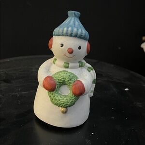 Charming Snowman Bell figurine with Blue Hat and Green Scarf